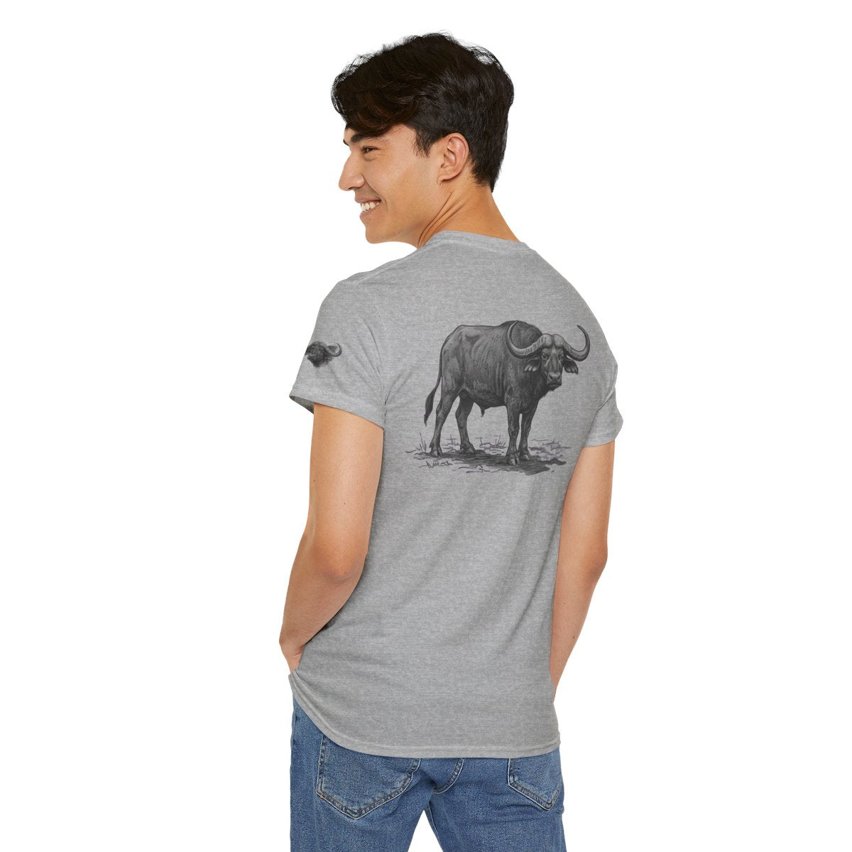 Color: Sport Grey | Pencil Sketch Art Cape Buffalo Premium Graphic Tee
