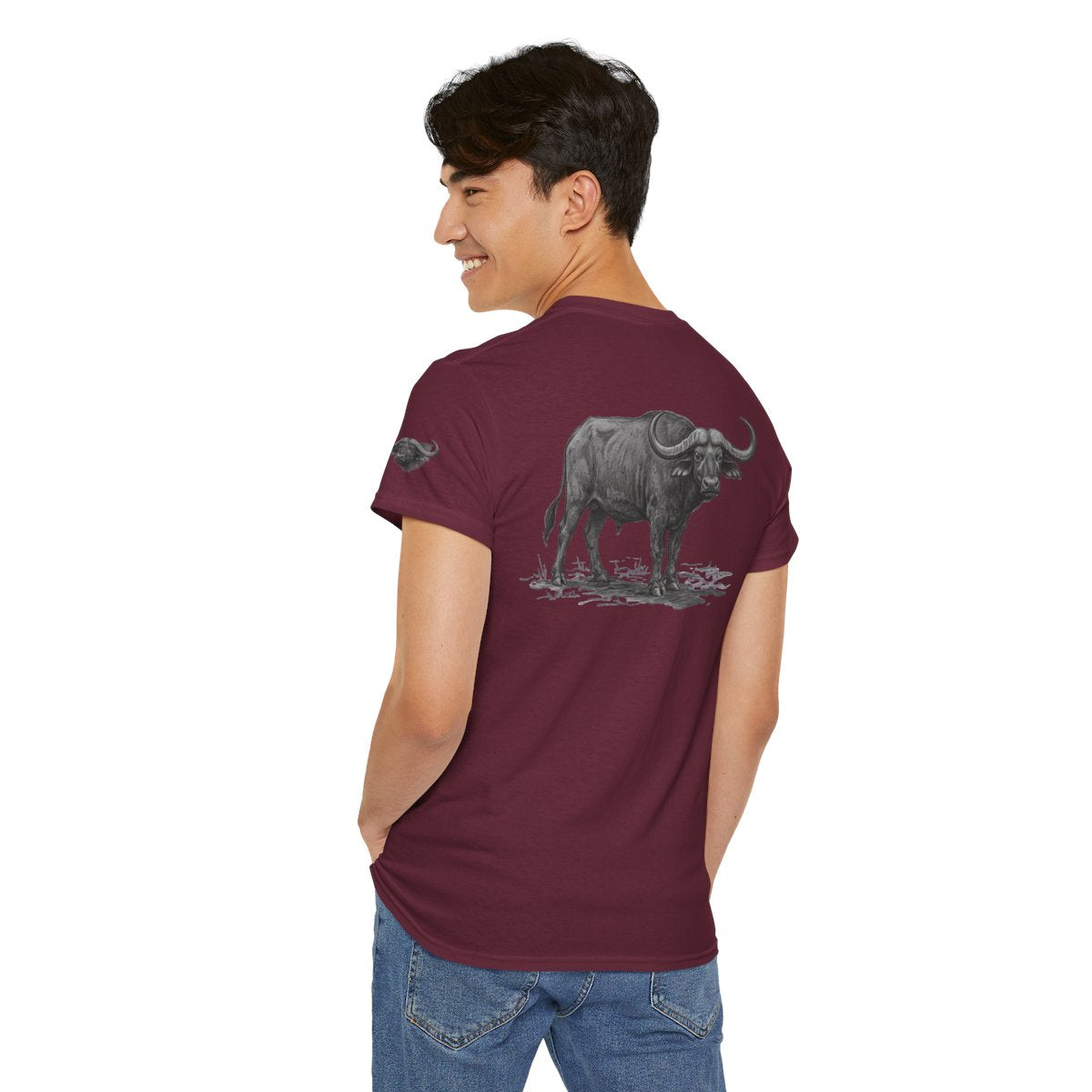Color: Maroon | Pencil Sketch Art Cape Buffalo Premium Graphic Tee