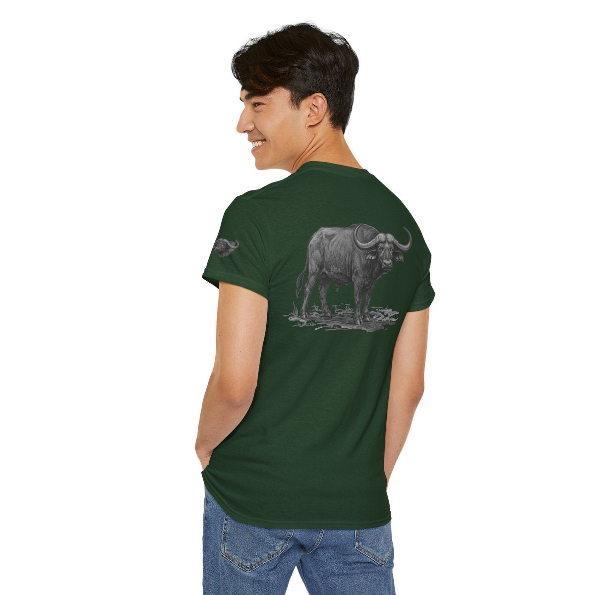 Color: Forest Green | Pencil Sketch Art Cape Buffalo Premium Graphic Tee