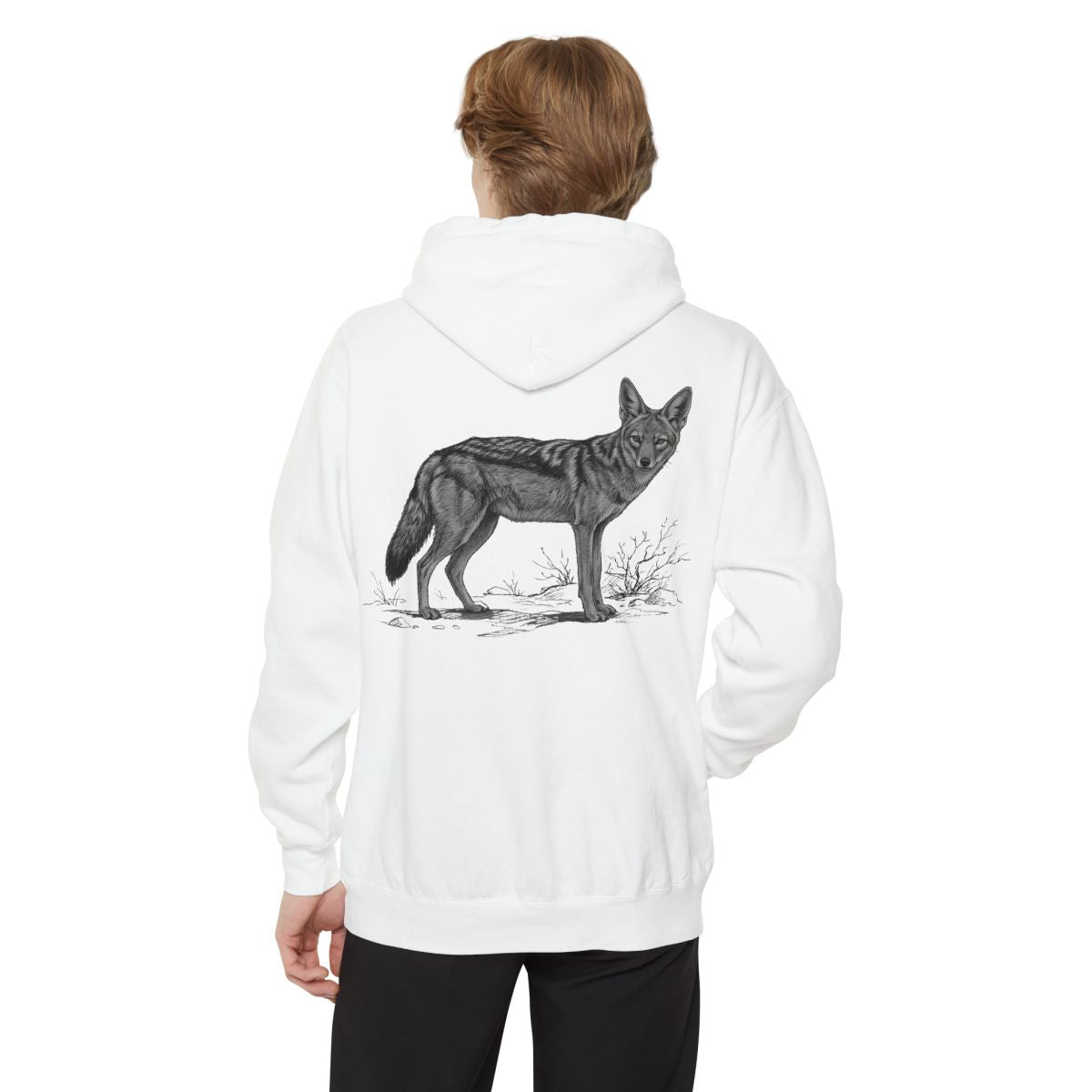 Color: White | Pencil Sketch Art Coyote Garment-Dyed Hoodie