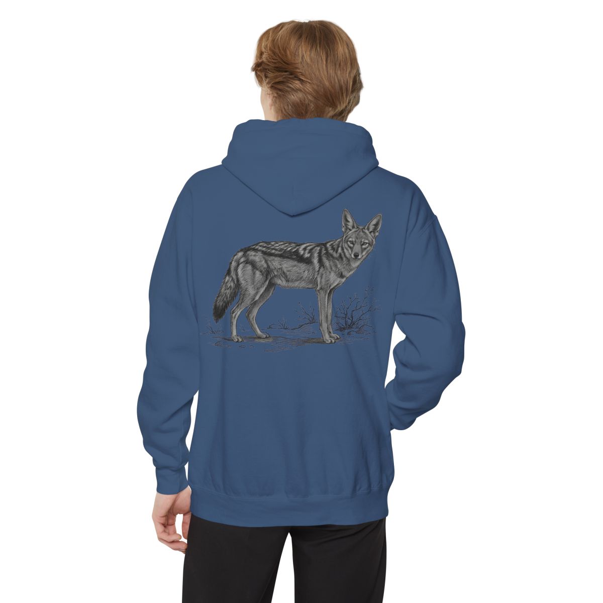 Color: True Navy | Pencil Sketch Art Coyote Garment-Dyed Hoodie
