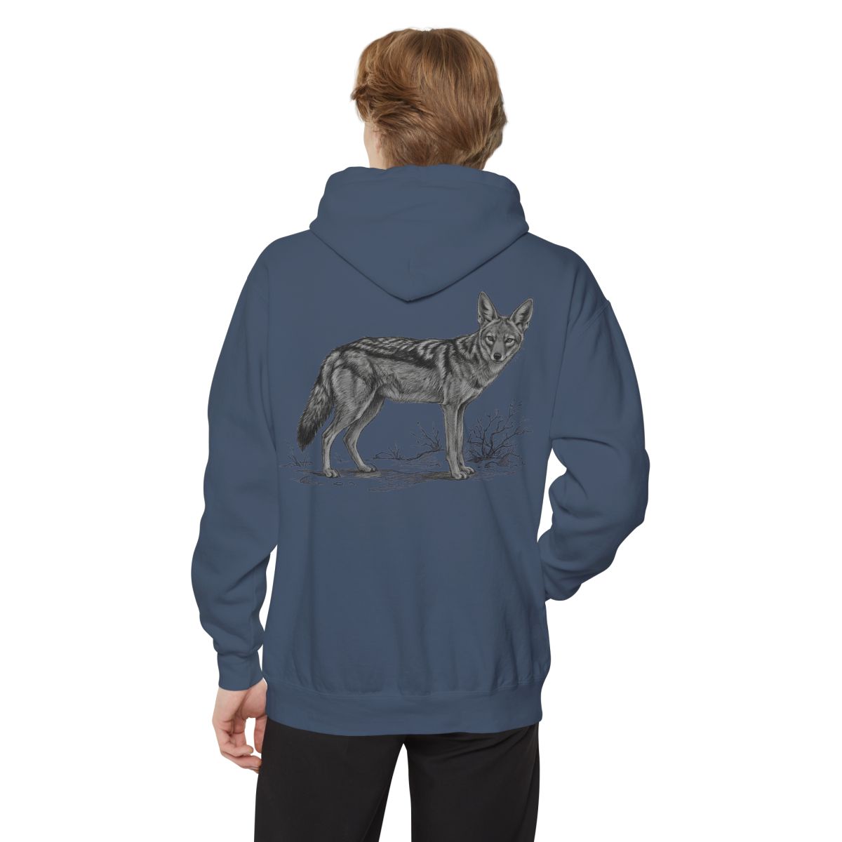 Color: Denim | Pencil Sketch Art Coyote Garment-Dyed Hoodie