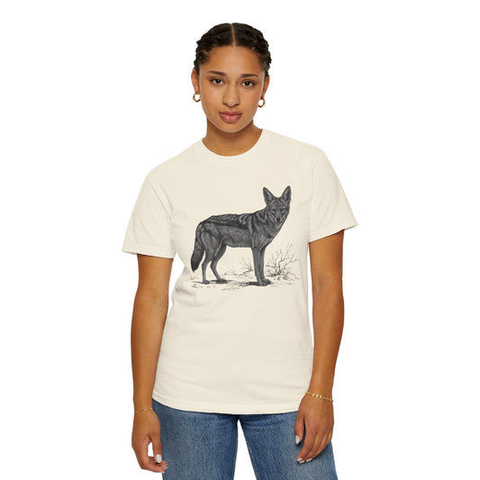Color: Ivory | Pencil Sketch Art Coyote Unisex Garment-Dyed Tee