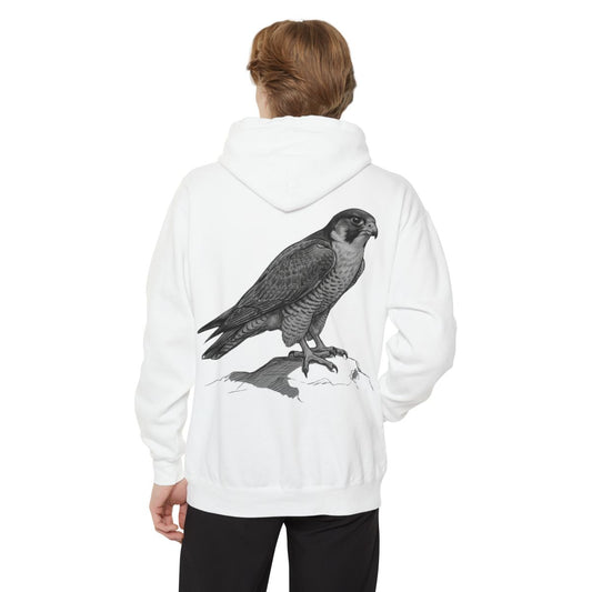 Color: White | Pencil Sketch Art Falcon Garment-Dyed Hoodie