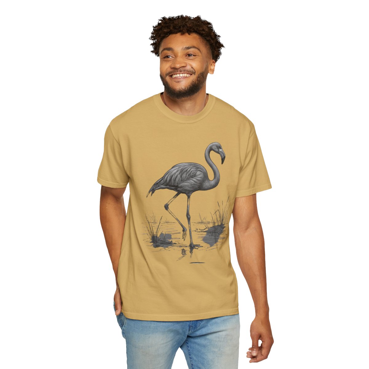 Color: Mustard | Pencil Sketch Art Flamingo Unisex Garment-Dyed Tee