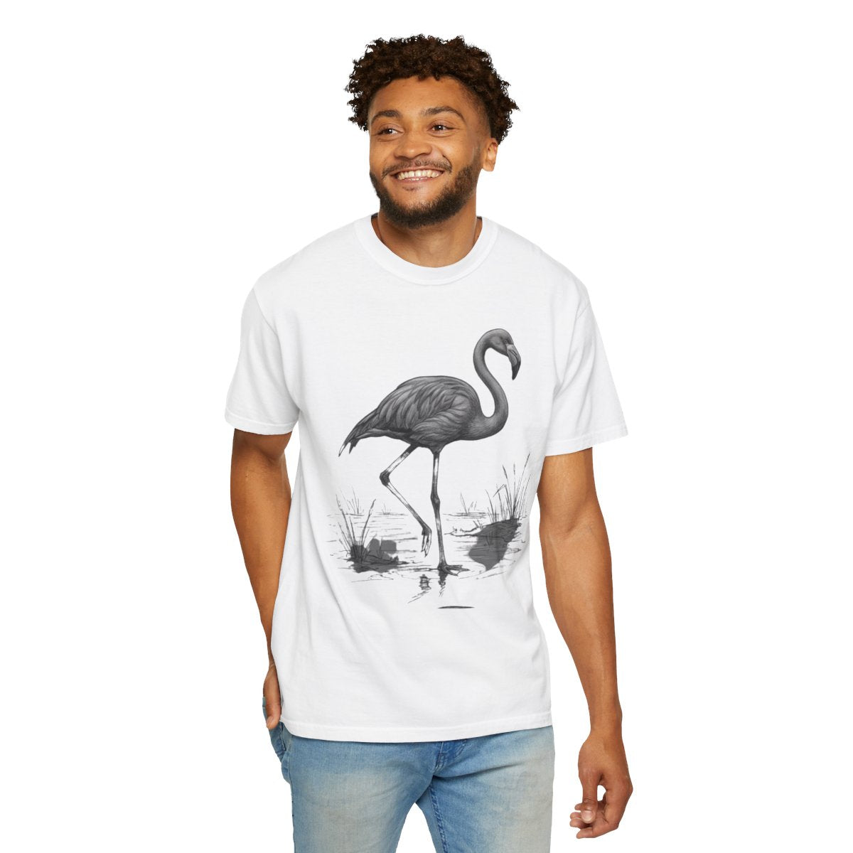Color: White | Pencil Sketch Art Flamingo Unisex Garment-Dyed Tee