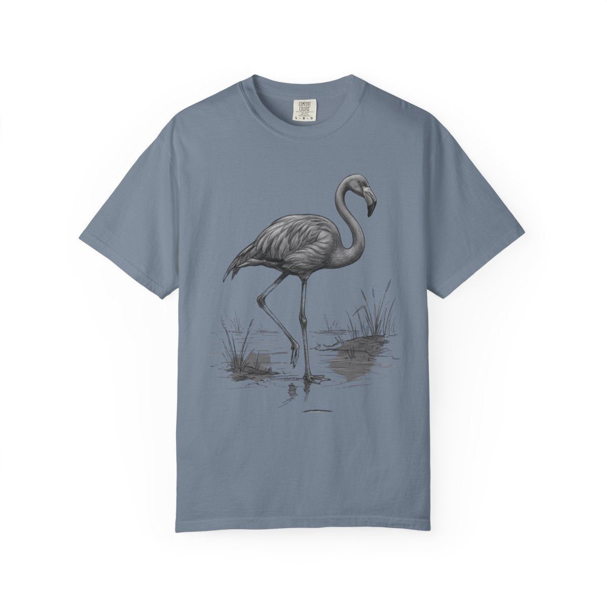 Color: Blue Jean | Pencil Sketch Art Flamingo Unisex Garment-Dyed Tee