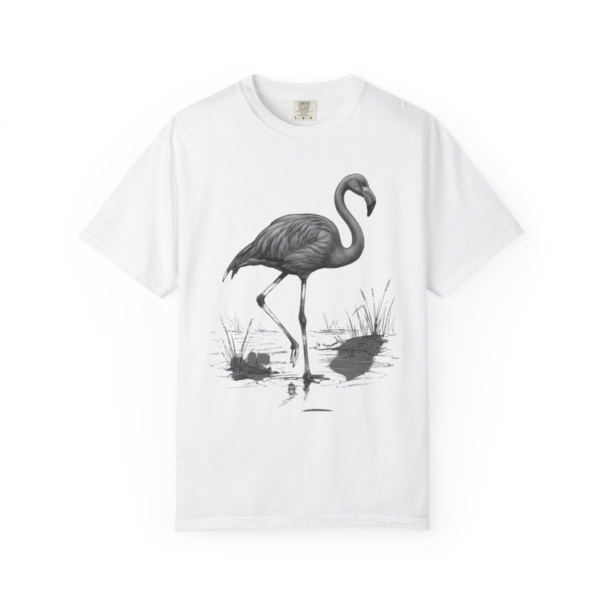 Color: White | Pencil Sketch Art Flamingo Unisex Garment-Dyed Tee