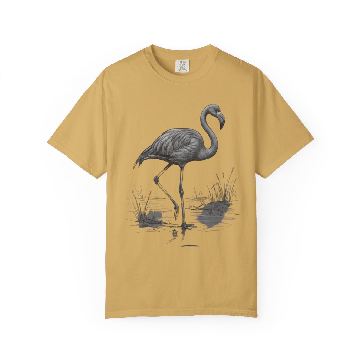 Color: Mustard | Pencil Sketch Art Flamingo Unisex Garment-Dyed Tee