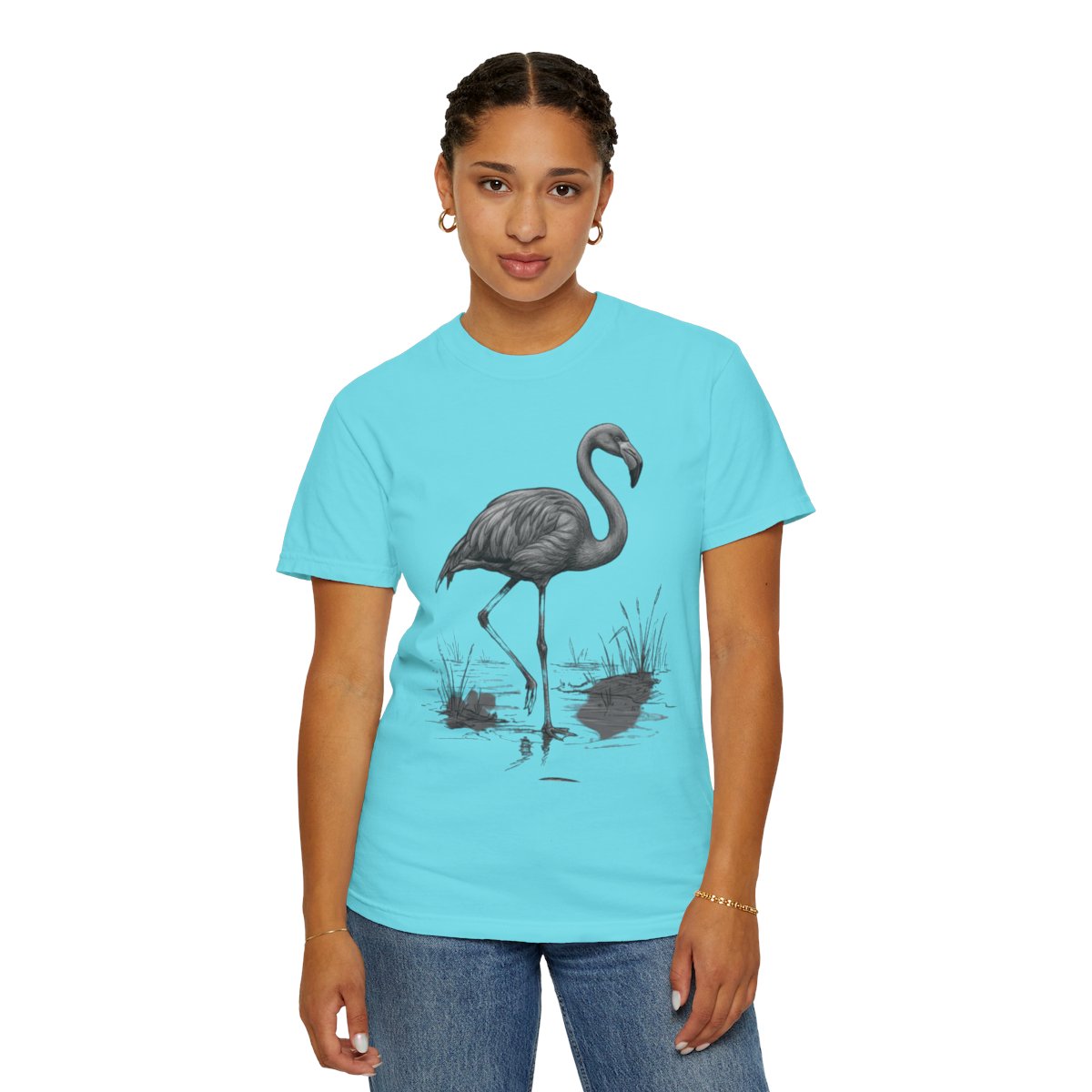 Color: Lagoon Blue | Pencil Sketch Art Flamingo Unisex Garment-Dyed Tee