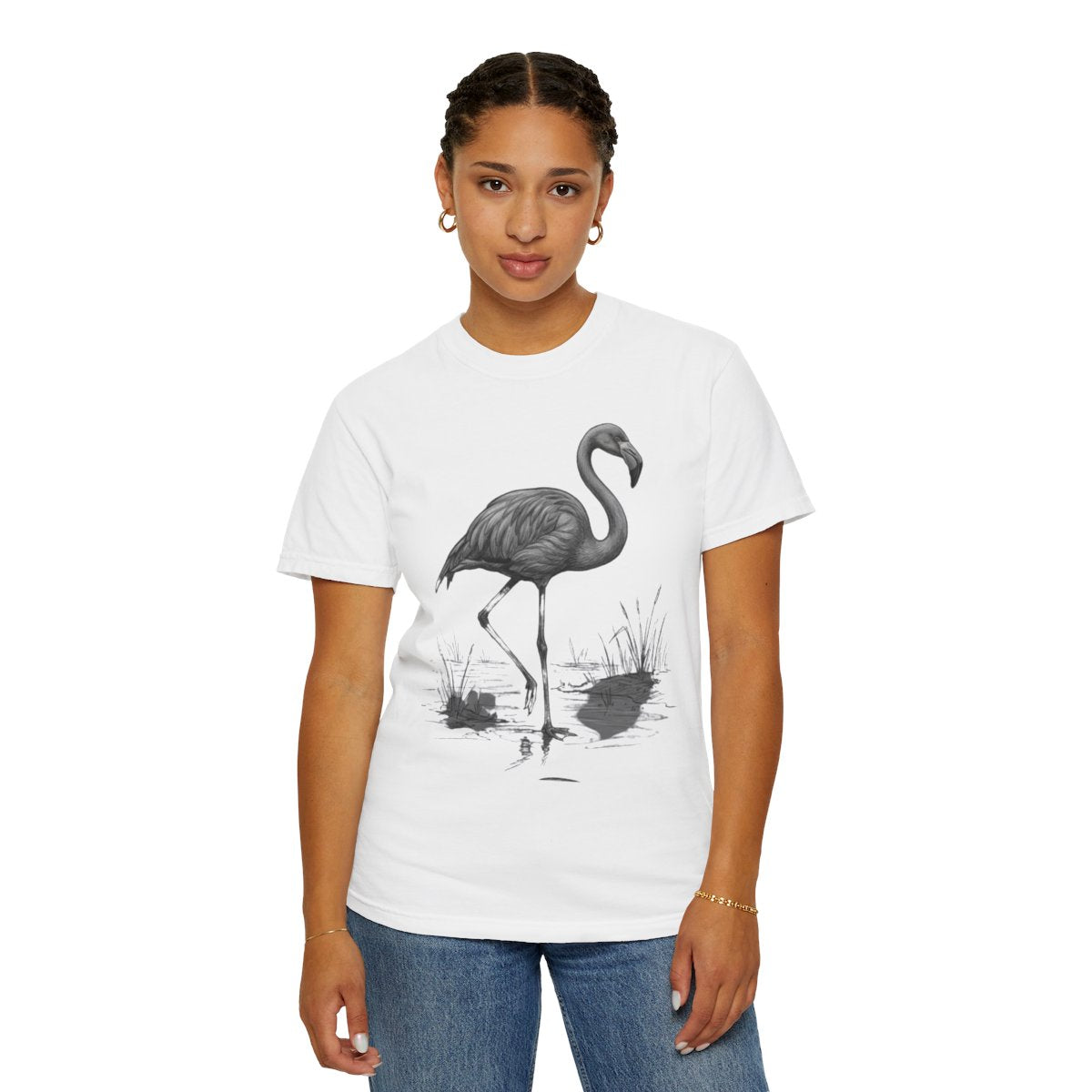 Color: White | Pencil Sketch Art Flamingo Unisex Garment-Dyed Tee