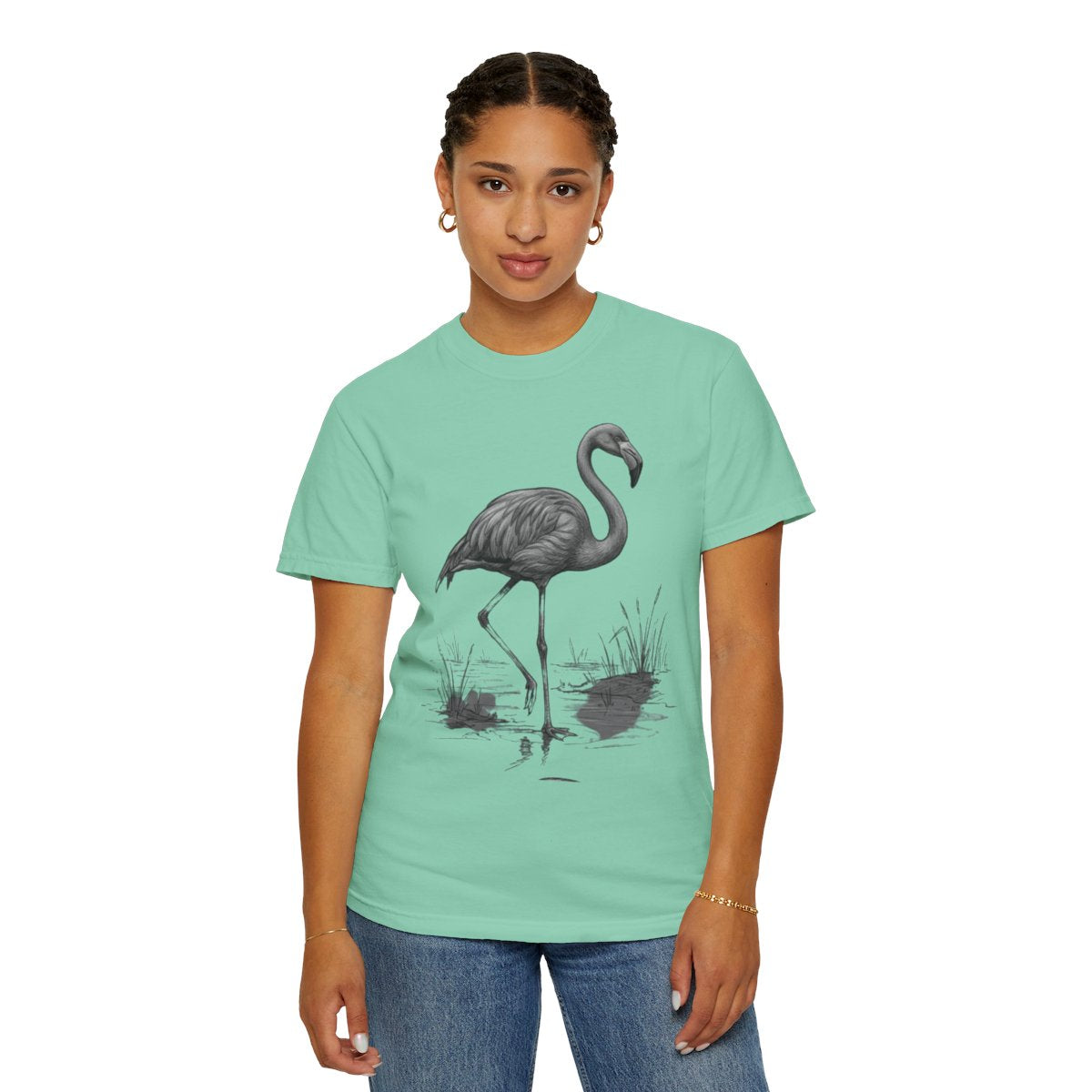 Color: Island Reef | Pencil Sketch Art Flamingo Unisex Garment-Dyed Tee