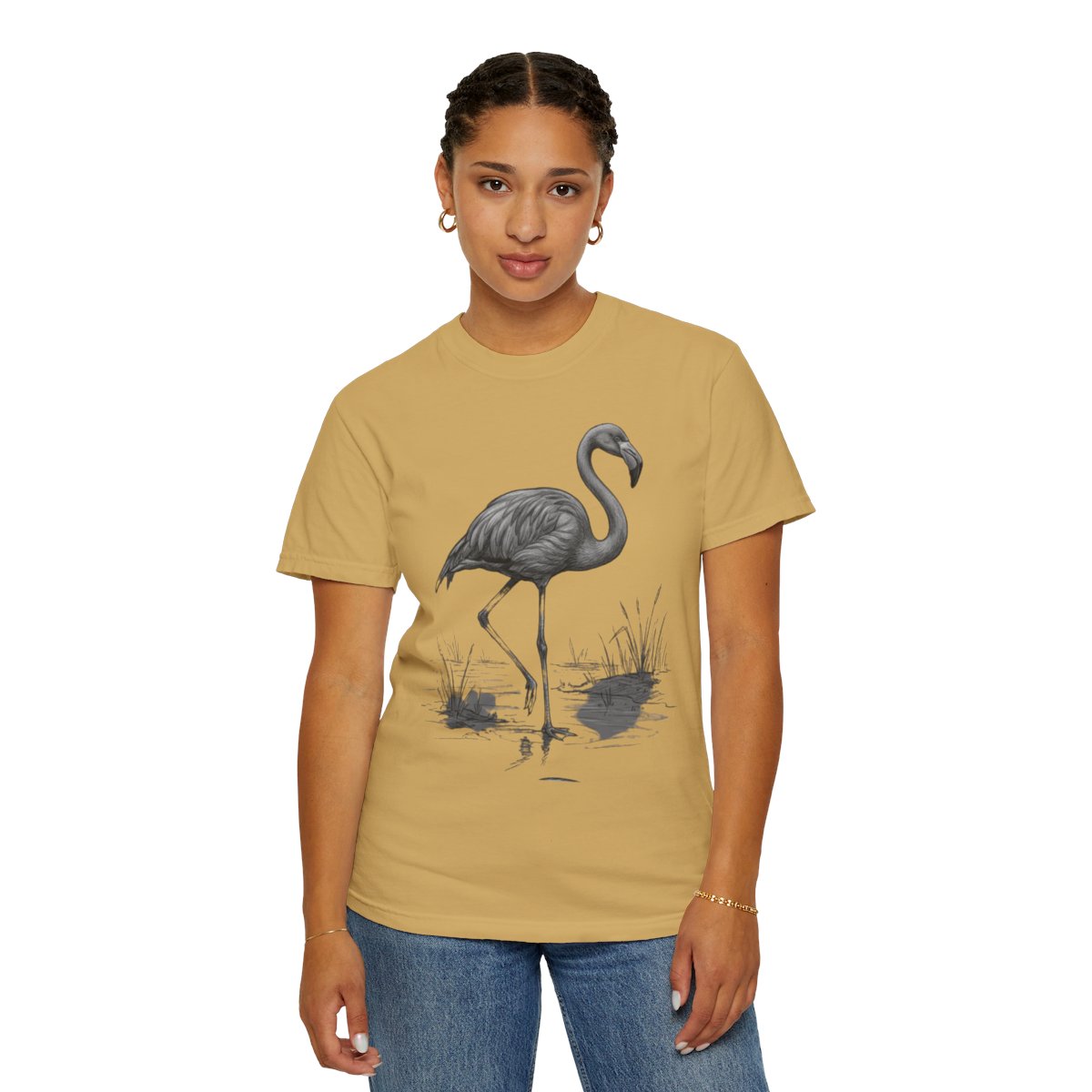Color: Mustard | Pencil Sketch Art Flamingo Unisex Garment-Dyed Tee