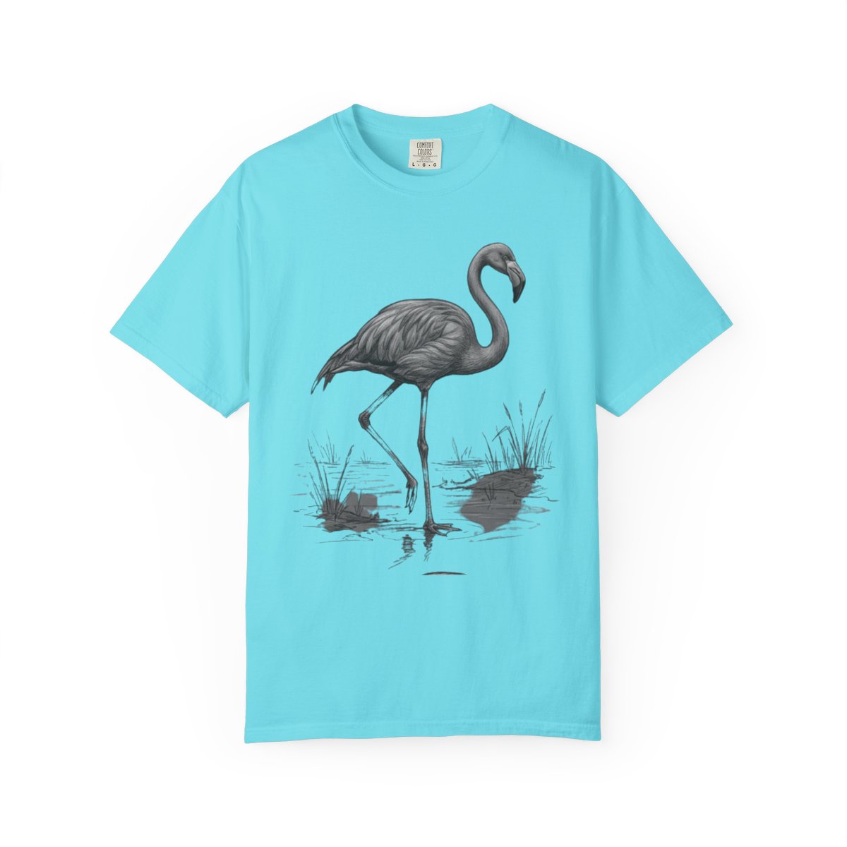 Color: Lagoon Blue | Pencil Sketch Art Flamingo Unisex Garment-Dyed Tee