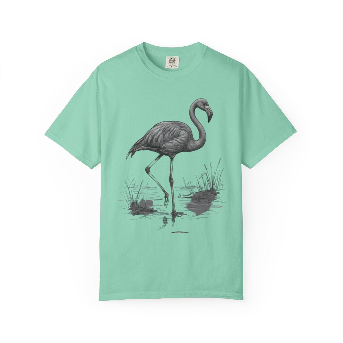 Color: Island Reef | Pencil Sketch Art Flamingo Unisex Garment-Dyed Tee