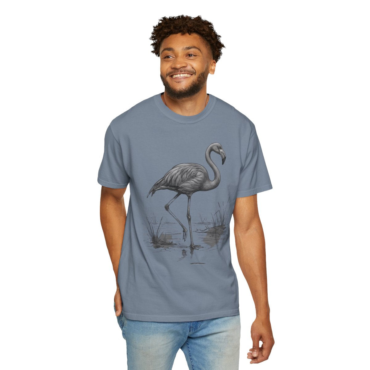 Color: Blue Jean | Pencil Sketch Art Flamingo Unisex Garment-Dyed Tee