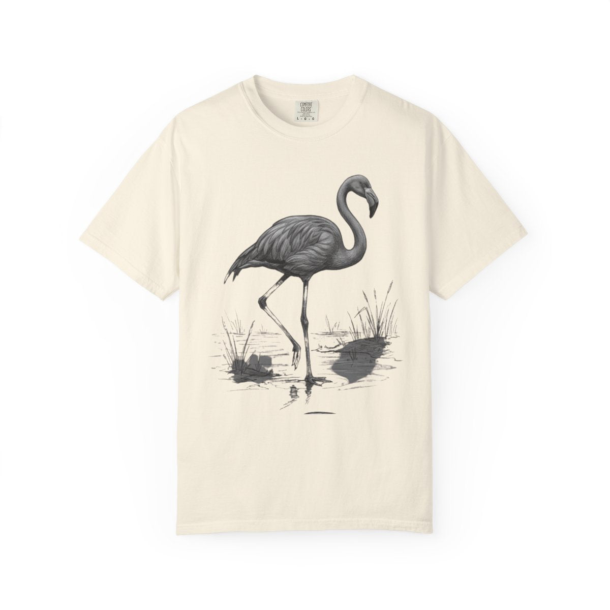 Color: Ivory | Pencil Sketch Art Flamingo Unisex Garment-Dyed Tee