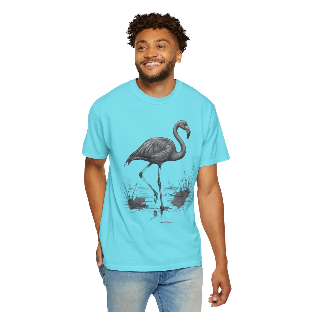 Color: Lagoon Blue | Pencil Sketch Art Flamingo Unisex Garment-Dyed Tee