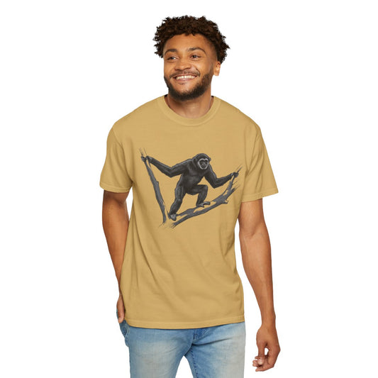 Color: Mustard | Pencil Sketch Art Gibbon Unisex Garment-Dyed Tee
