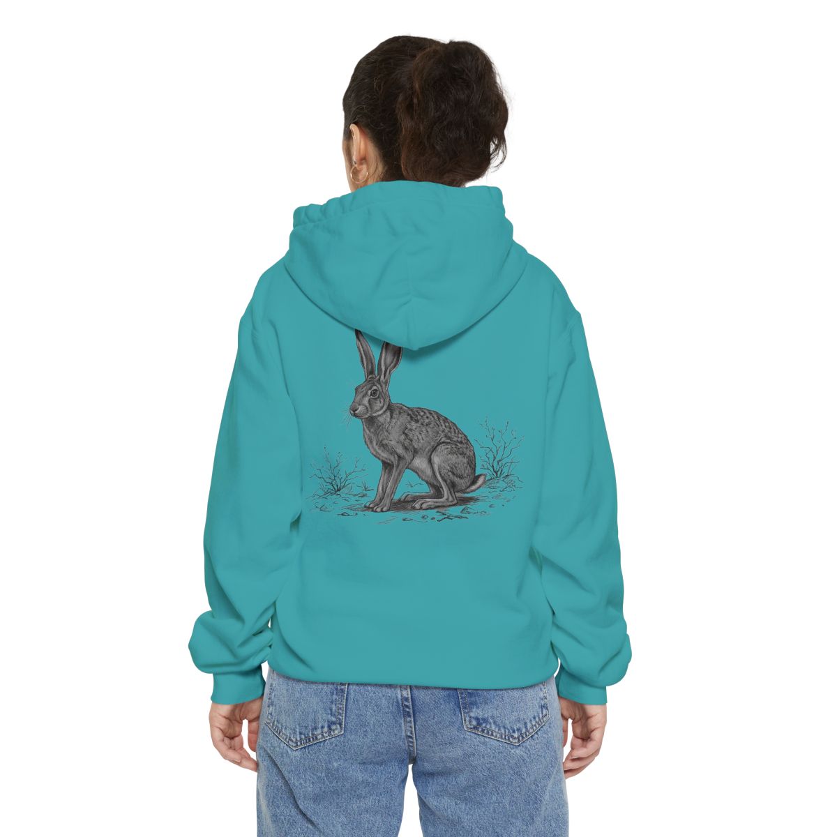 Color: Seafoam | Pencil Sketch Art Jack Rabbit Garment-Dyed Hoodie