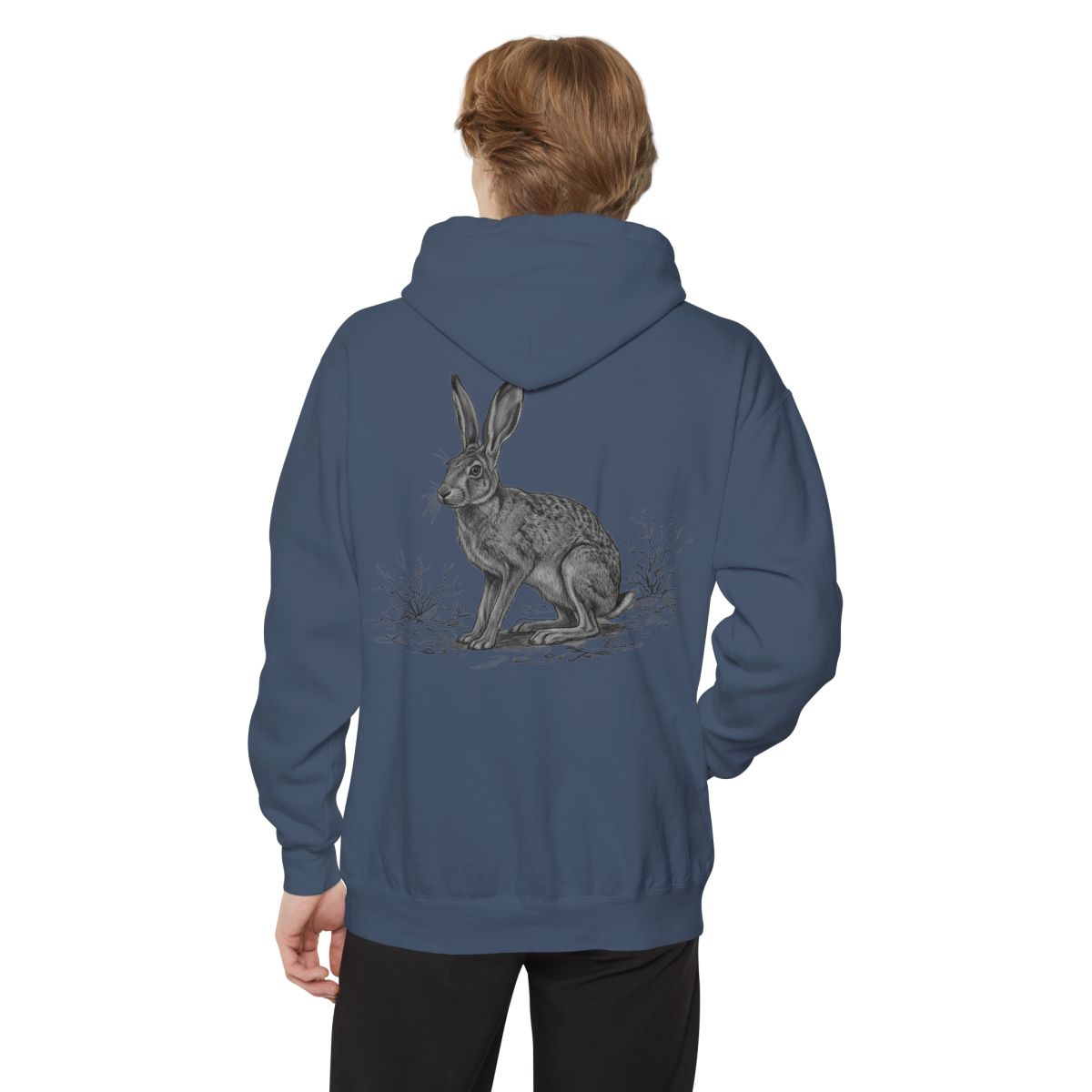 Color: Denim | Pencil Sketch Art Jack Rabbit Garment-Dyed Hoodie