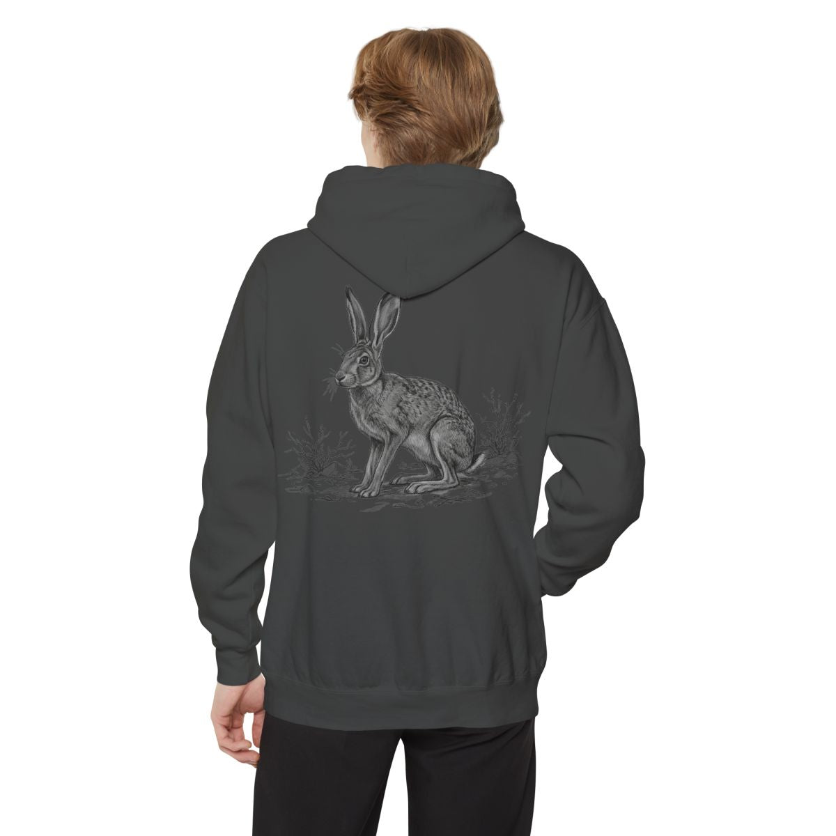 Color: Pepper | Pencil Sketch Art Jack Rabbit Garment-Dyed Hoodie