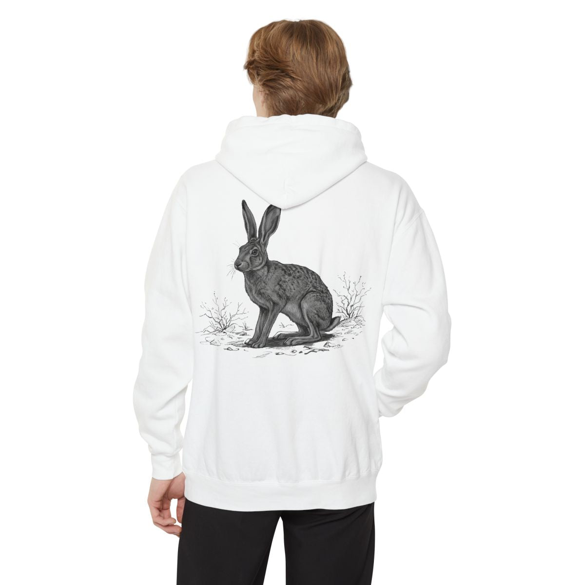Color: White | Pencil Sketch Art Jack Rabbit Garment-Dyed Hoodie