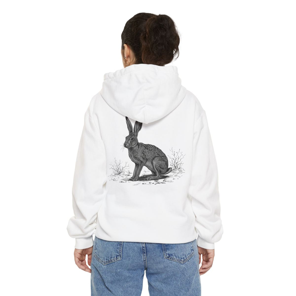 Color: White | Pencil Sketch Art Jack Rabbit Garment-Dyed Hoodie