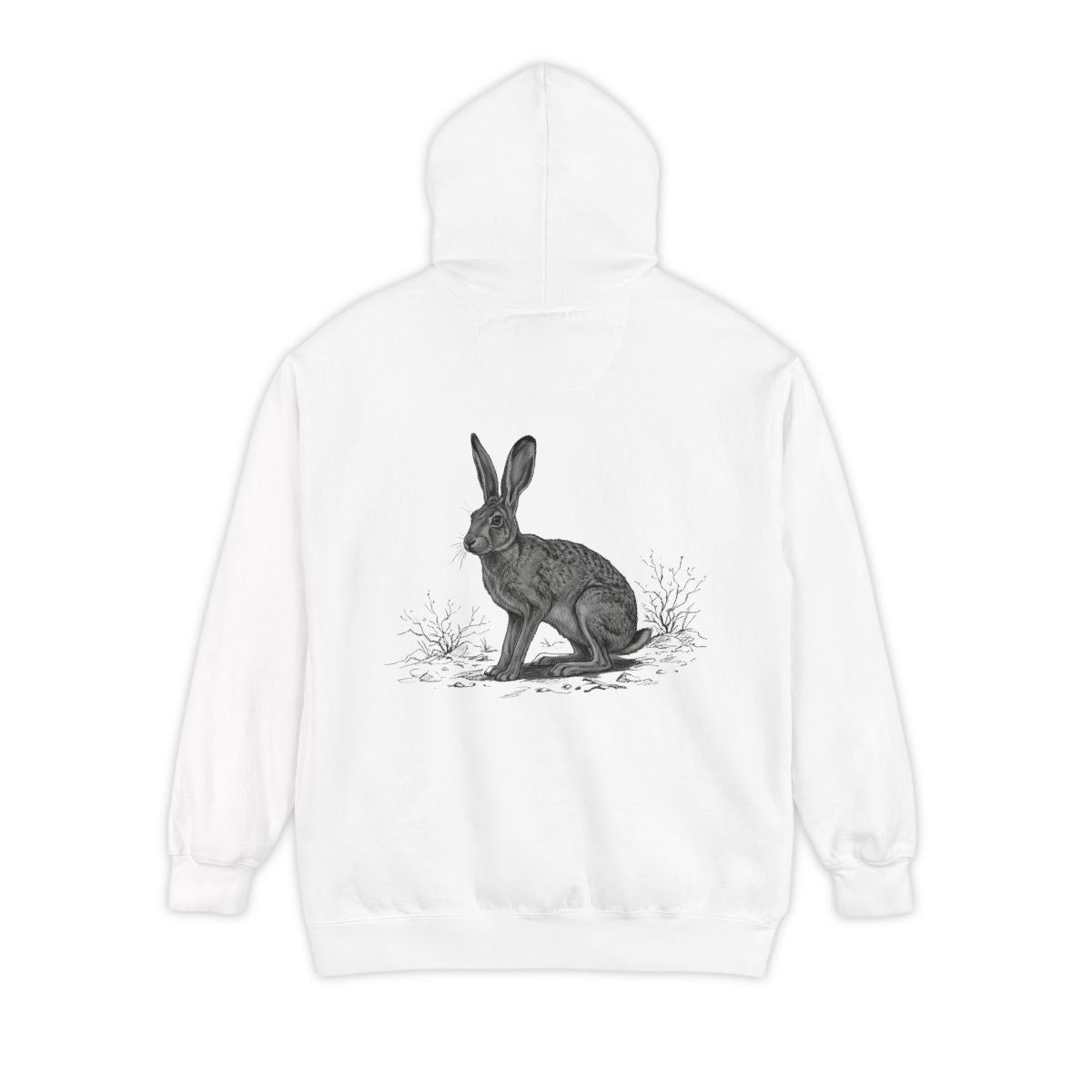 Color: White | Pencil Sketch Art Jack Rabbit Garment-Dyed Hoodie