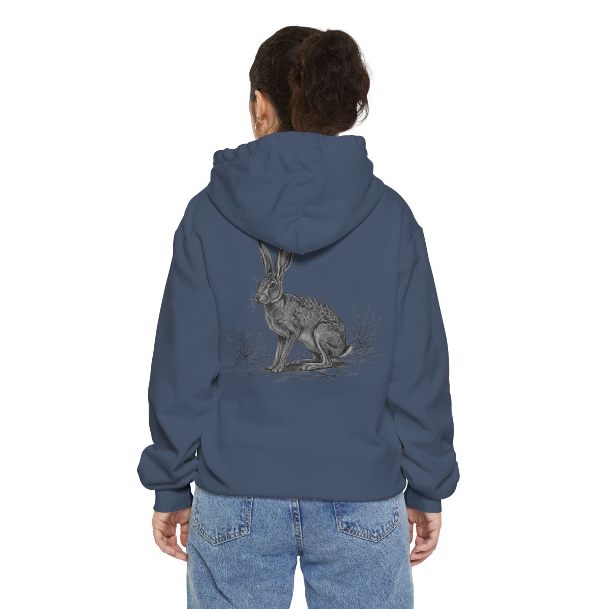 Color: Denim | Pencil Sketch Art Jack Rabbit Garment-Dyed Hoodie