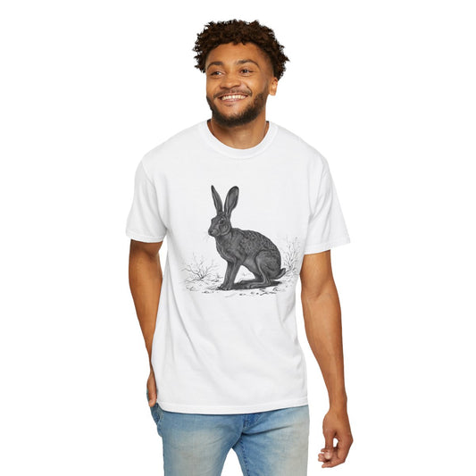 Color: White | Pencil Sketch Art Jack Rabbit Unisex Garment-Dyed Tee