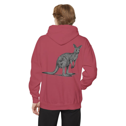 Color: Crimson | Pencil Sketch Art Kangaroo Garment-Dyed Hoodie