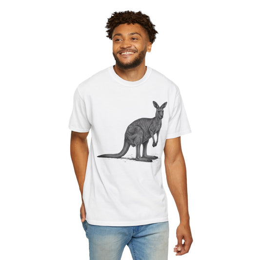 Color: White | Pencil Sketch Art Kangaroo Unisex Garment-Dyed Tee