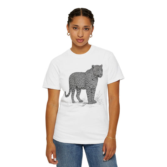 Color: White | Pencil Sketch Art Leopard Unisex Garment-Dyed Tee