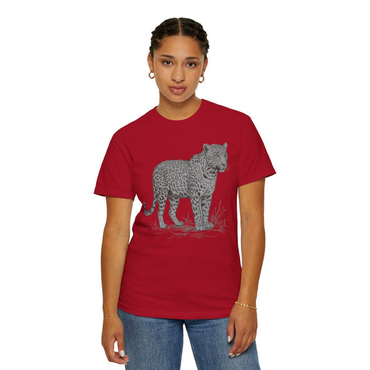 Color: Red | Pencil Sketch Art Leopard Unisex Garment-Dyed Tee