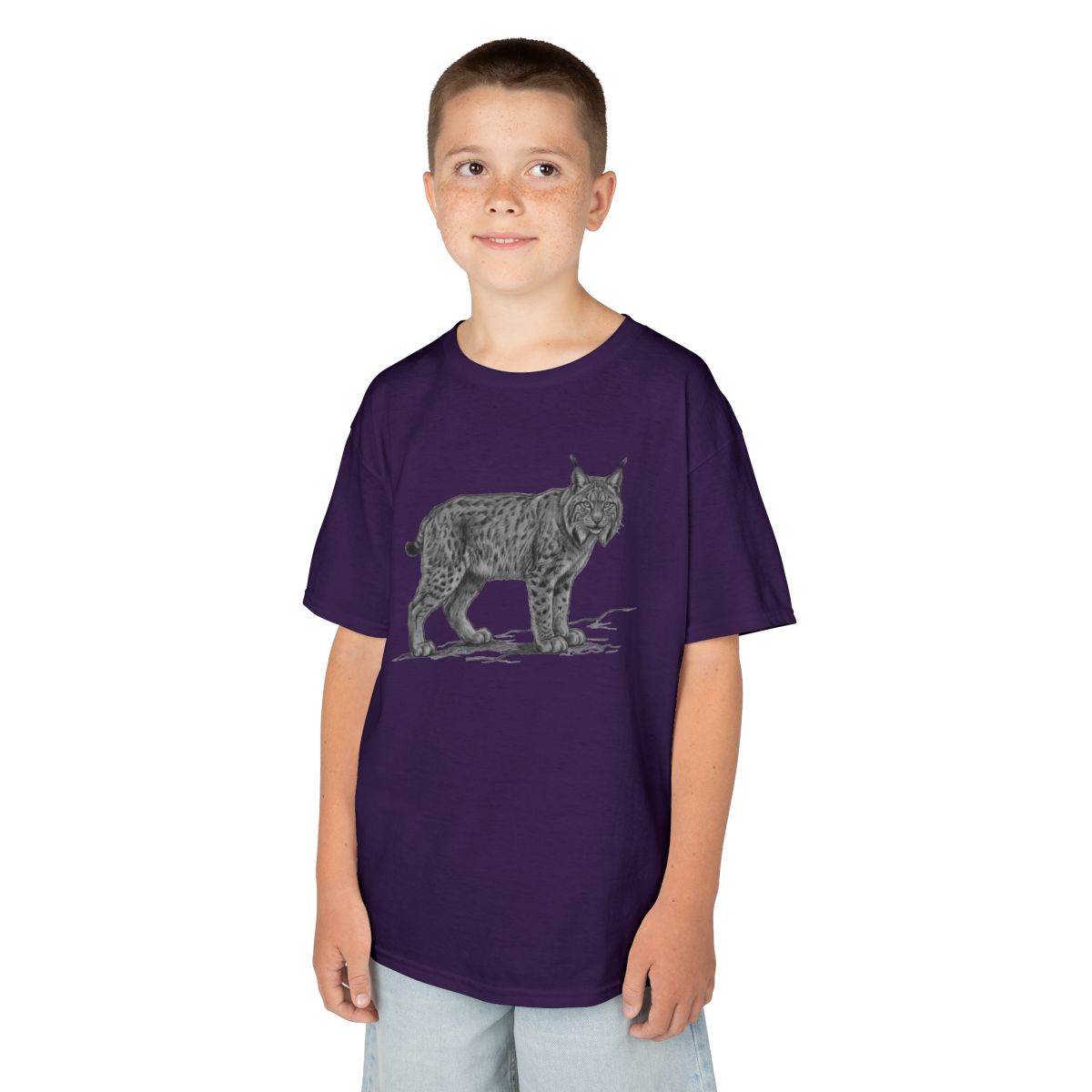 Color: Purple | Pencil Sketch Art Lynx Kids Tee