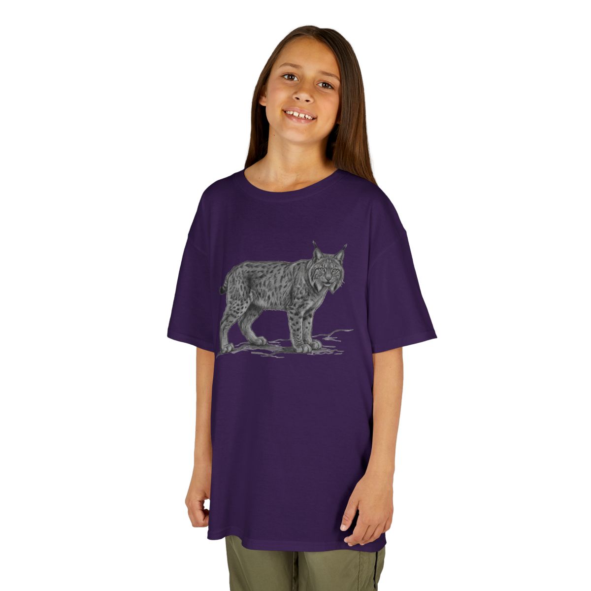 Color: Purple | Pencil Sketch Art Lynx Kids Tee