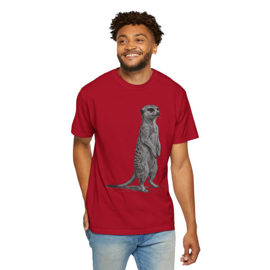 Color: Red | Pencil Sketch Art Meerkat Unisex Garment-Dyed Tee