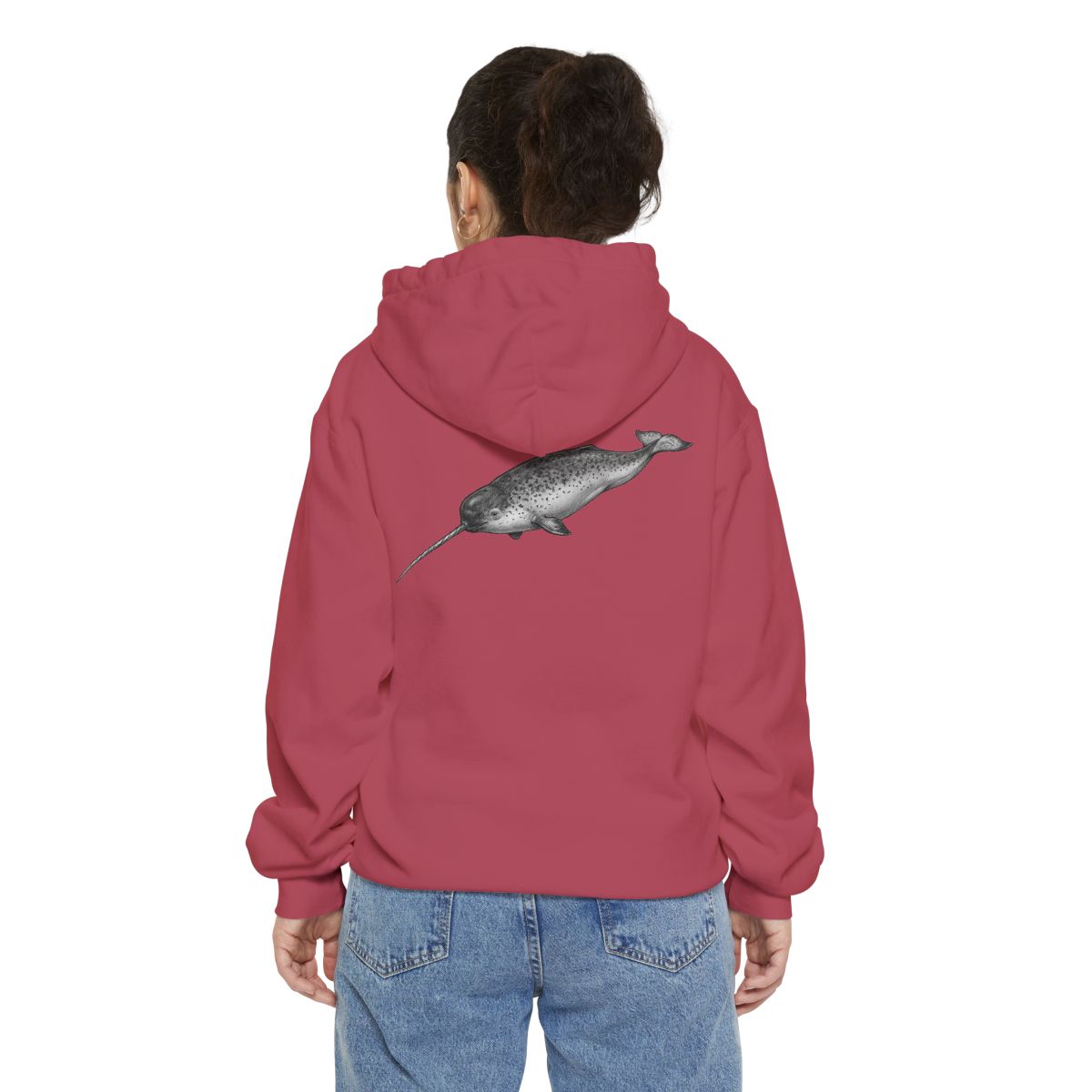 Color: Crimson | Pencil Sketch Art Narwhal Garment-Dyed Hoodie