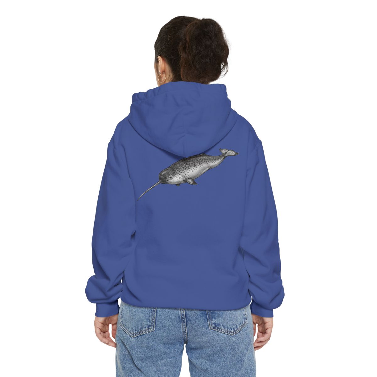 Color: Flo Blue | Pencil Sketch Art Narwhal Garment-Dyed Hoodie