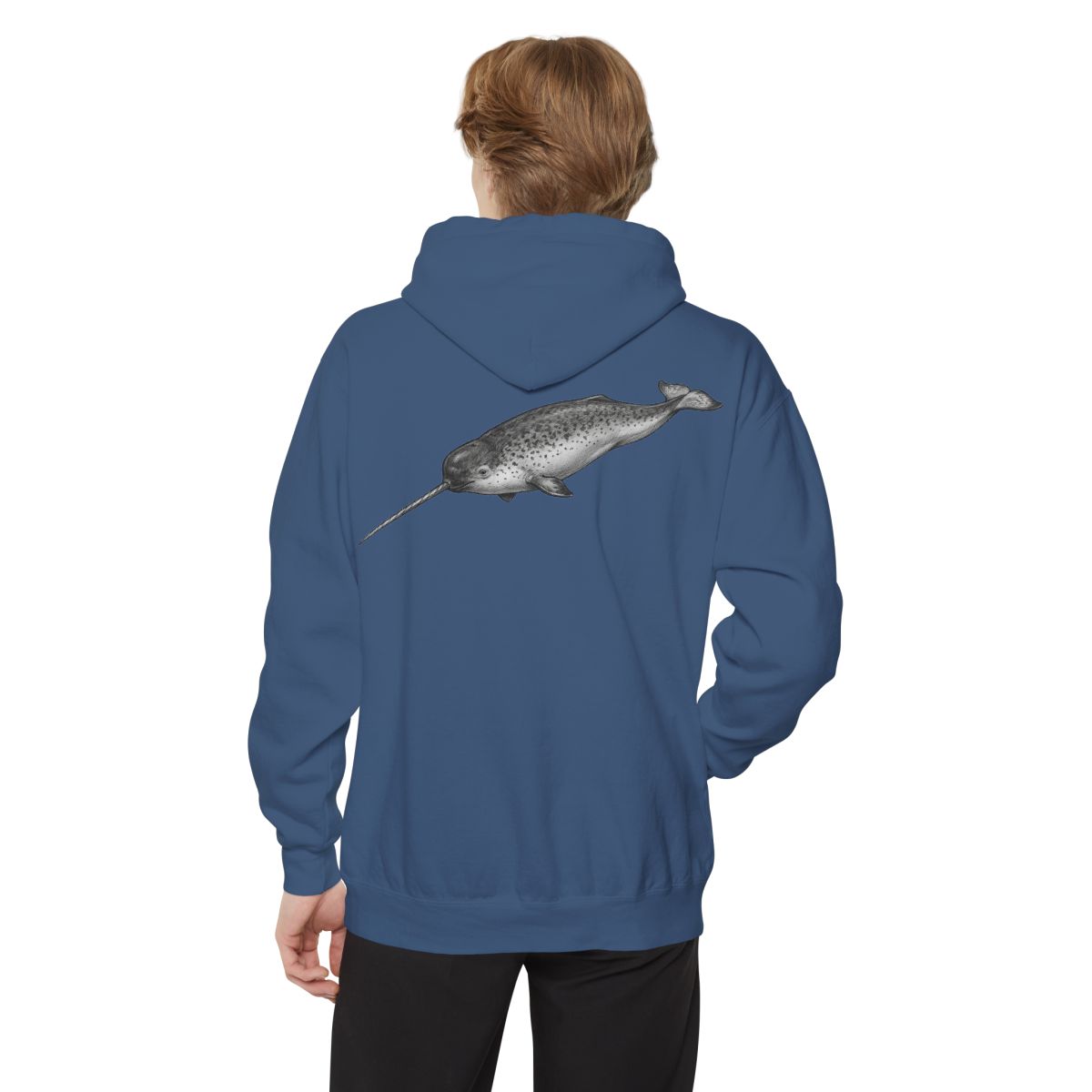 Color: True Navy | Pencil Sketch Art Narwhal Garment-Dyed Hoodie