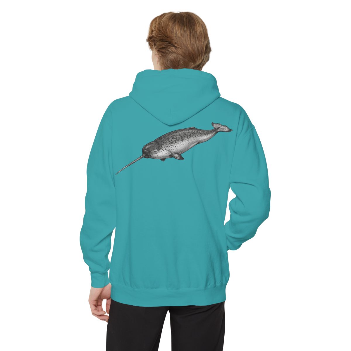 Color: Seafoam | Pencil Sketch Art Narwhal Garment-Dyed Hoodie