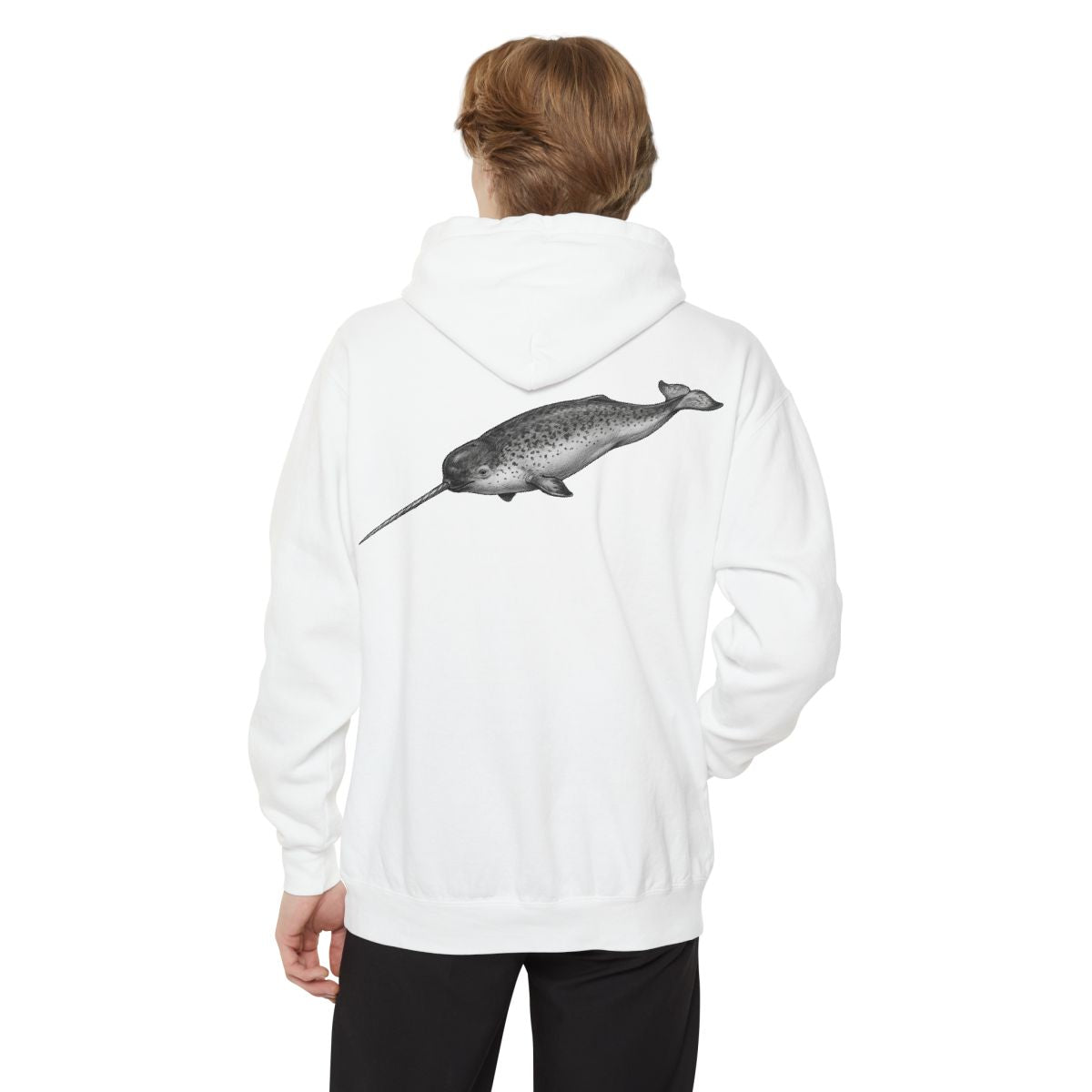 Color: White | Pencil Sketch Art Narwhal Garment-Dyed Hoodie