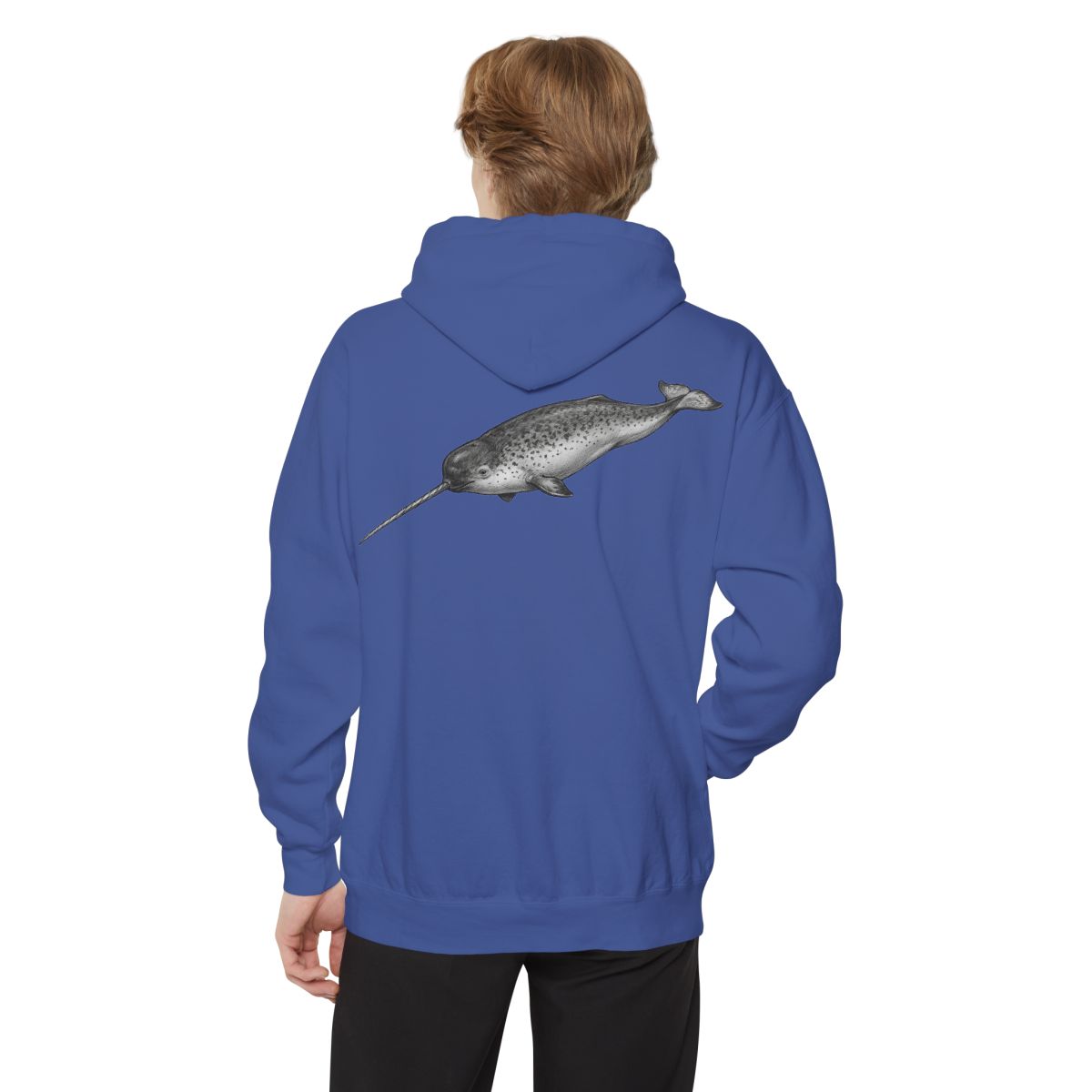 Color: Flo Blue | Pencil Sketch Art Narwhal Garment-Dyed Hoodie