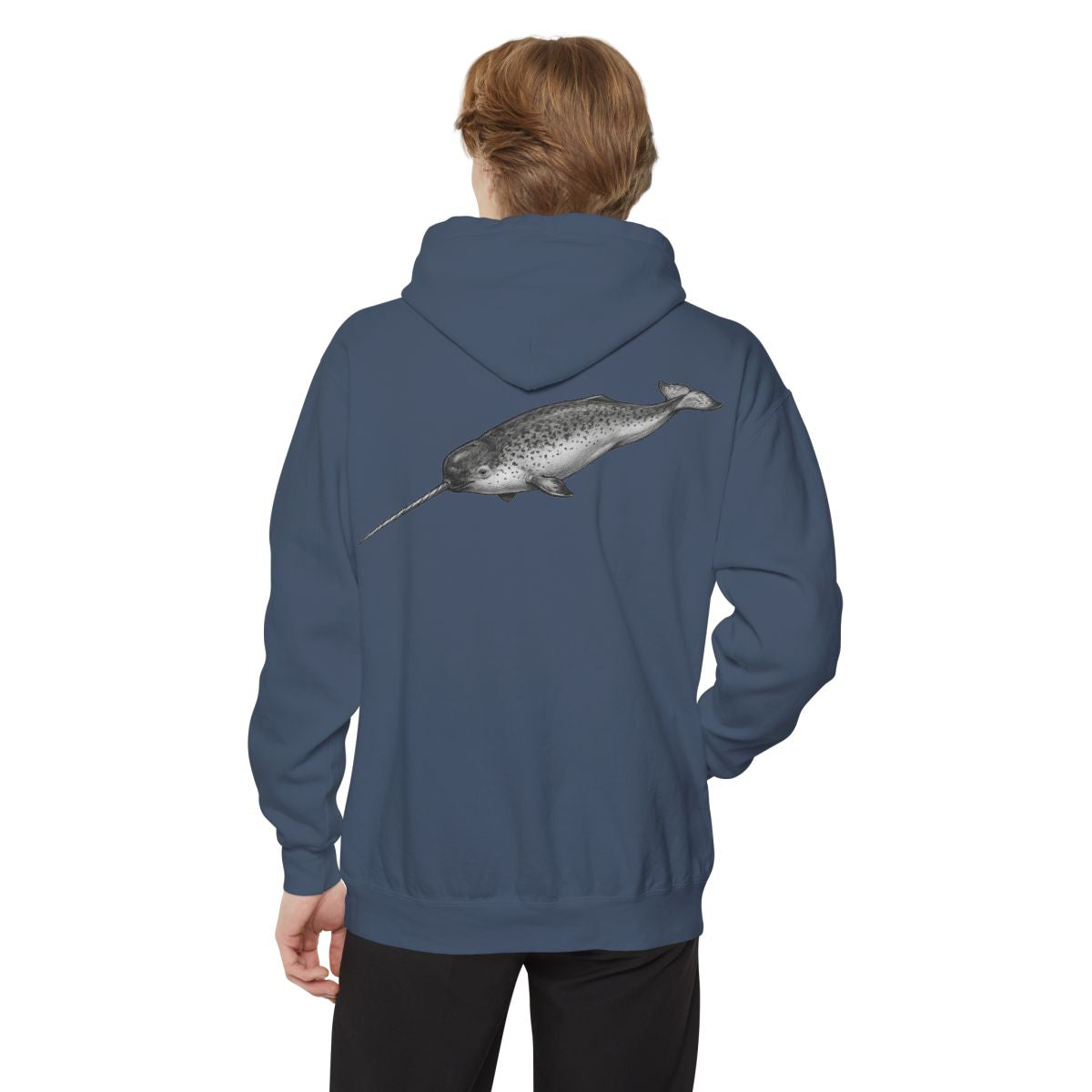 Color: Denim | Pencil Sketch Art Narwhal Garment-Dyed Hoodie