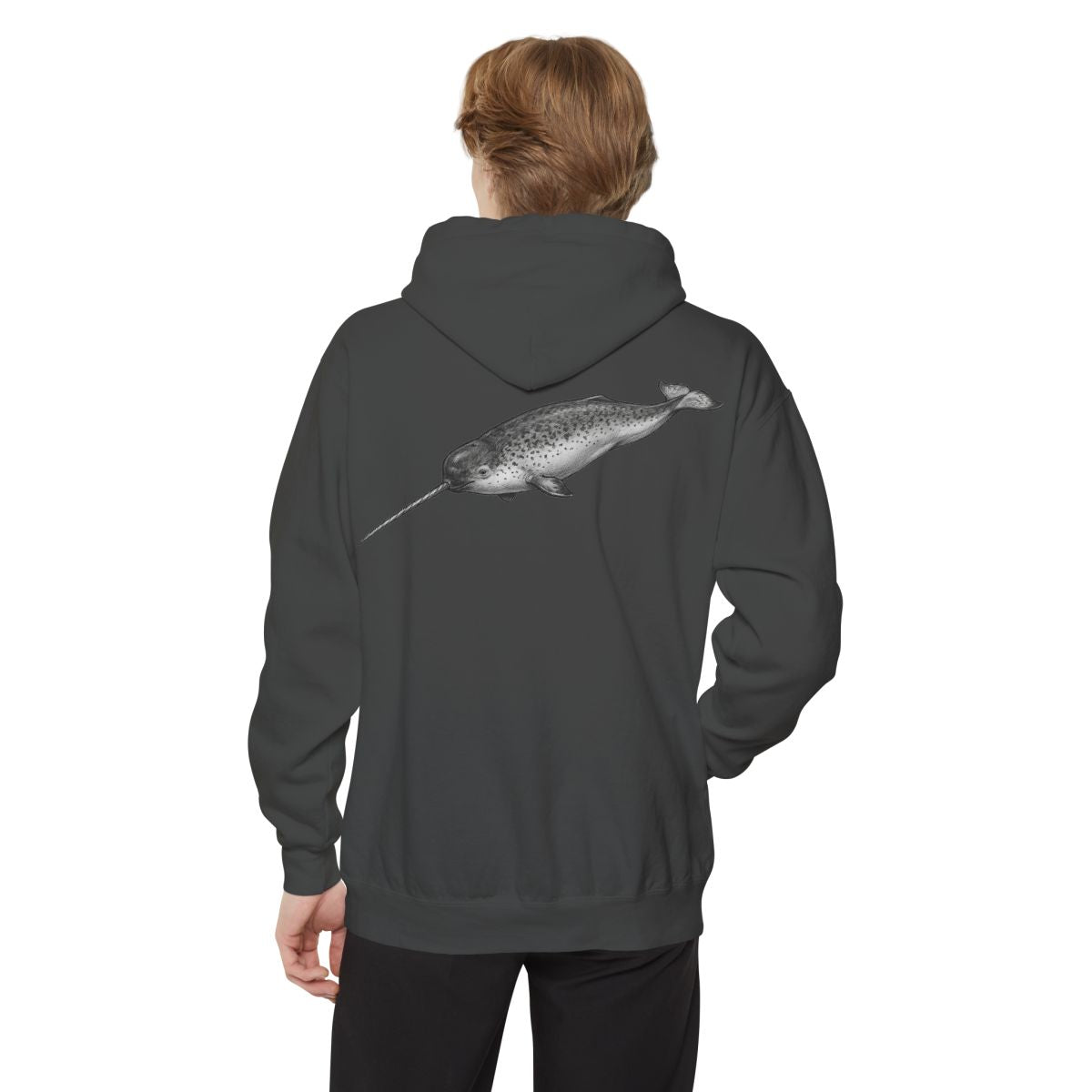 Color: Pepper | Pencil Sketch Art Narwhal Garment-Dyed Hoodie