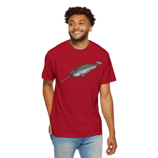 Color: Red | Pencil Sketch Art Narwhal Unisex Garment-Dyed Tee