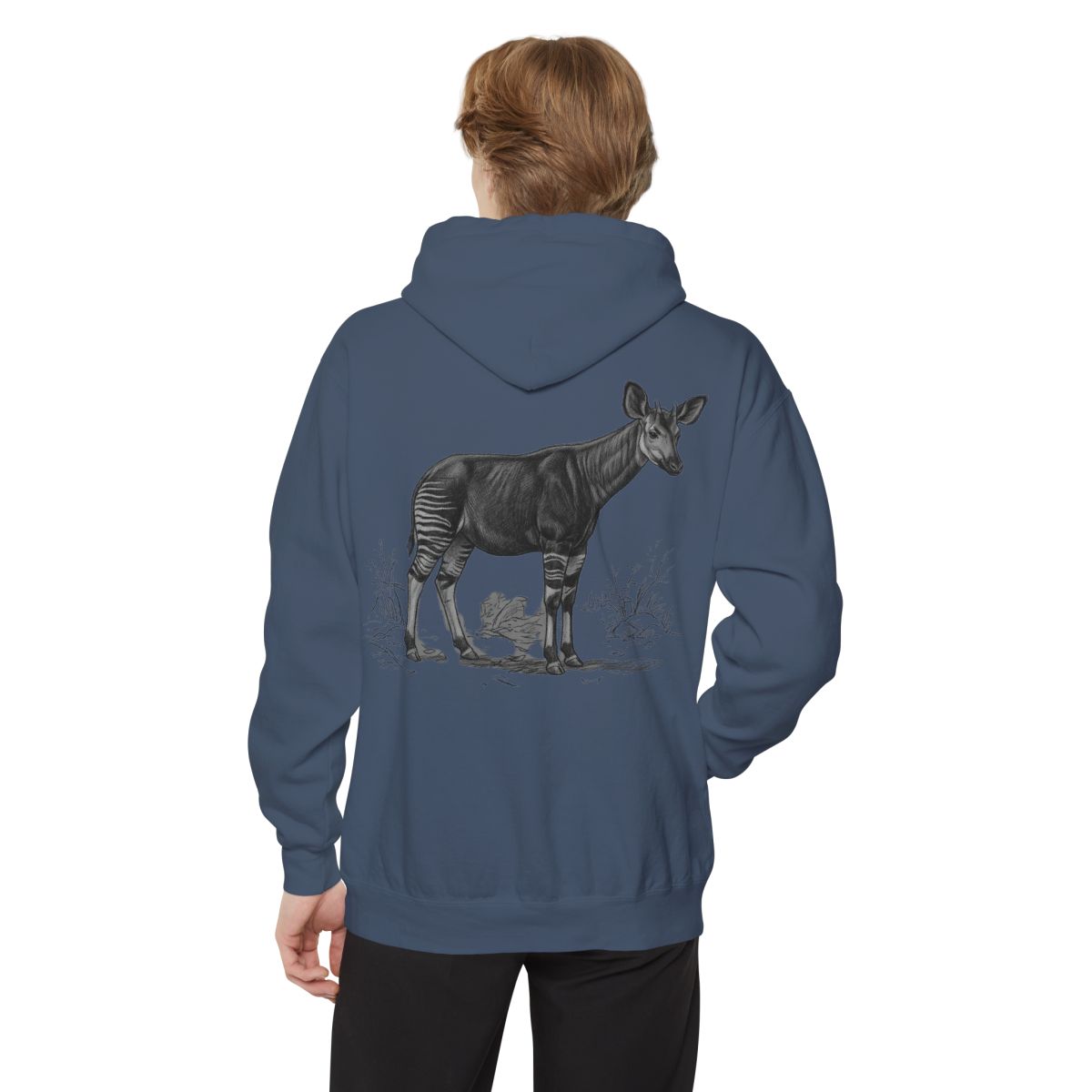 Color: Denim | Pencil Sketch Art Okapi Garment-Dyed Hoodie