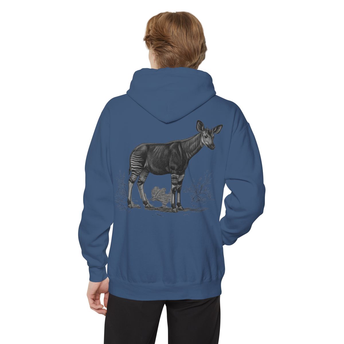 Color: True Navy | Pencil Sketch Art Okapi Garment-Dyed Hoodie