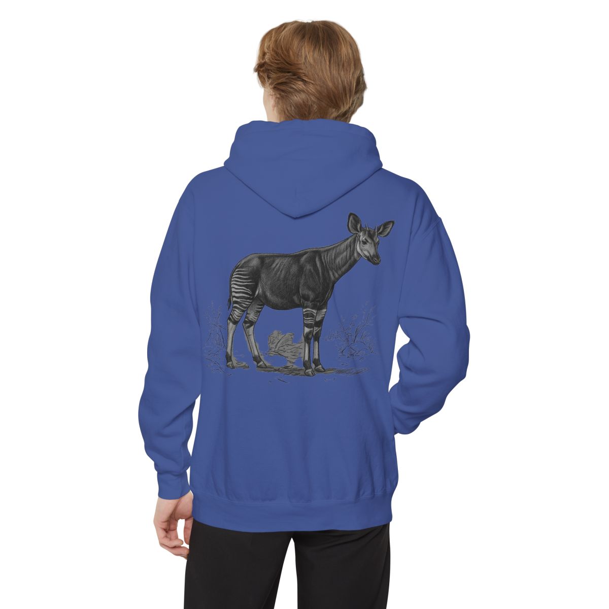 Color: Flo Blue | Pencil Sketch Art Okapi Garment-Dyed Hoodie